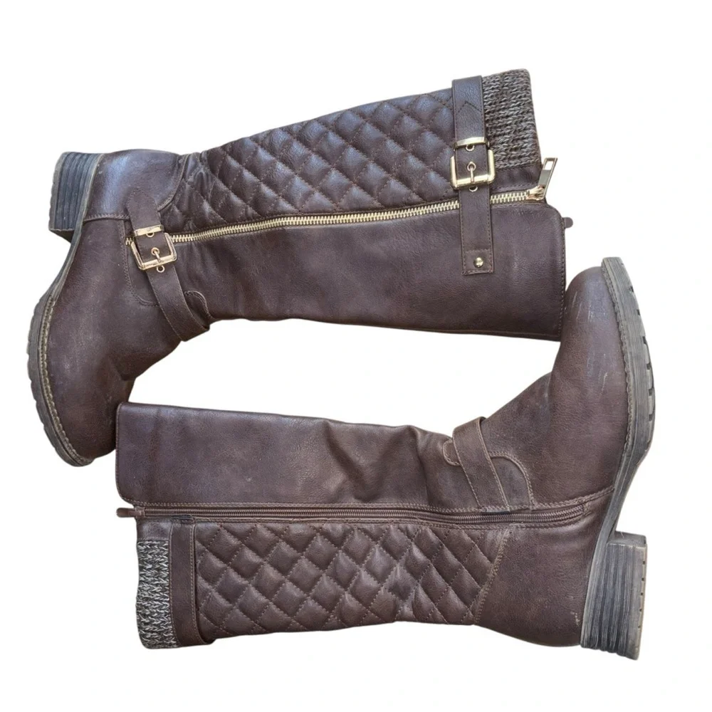 Knee High Brown Quilted Knit Riding Boots Women’s 7.5 Gold Buckle Zipper Accent - Picture 6 of 16